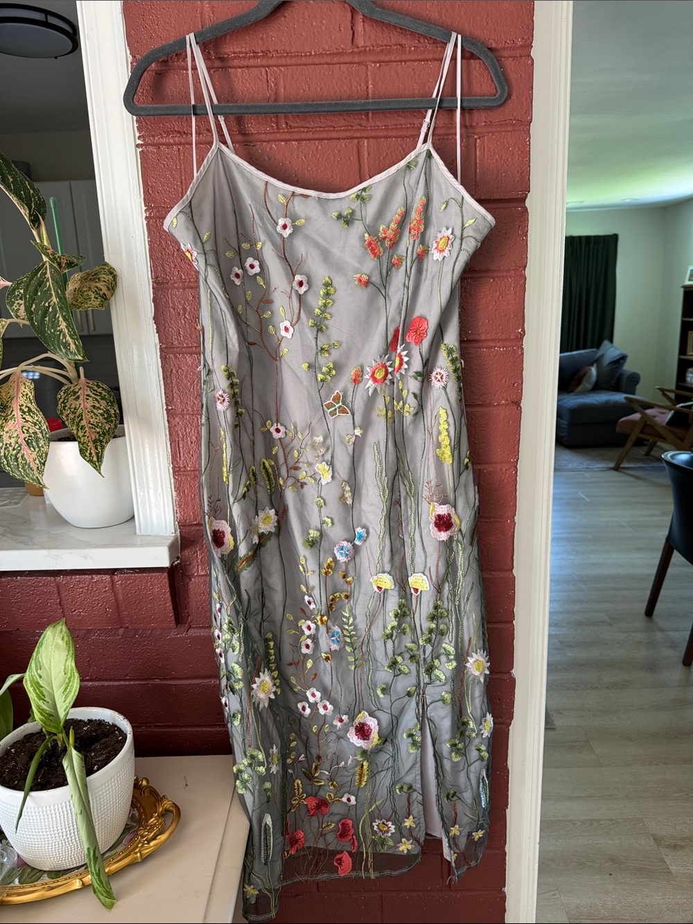 Sam Edelman Gray Midi Slip Dress with Multicolor Floral Embroidery Size 8